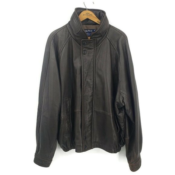 Nautica Brown Leather Bomber Jacket Mens 48 Hood - Picture 1 of 9